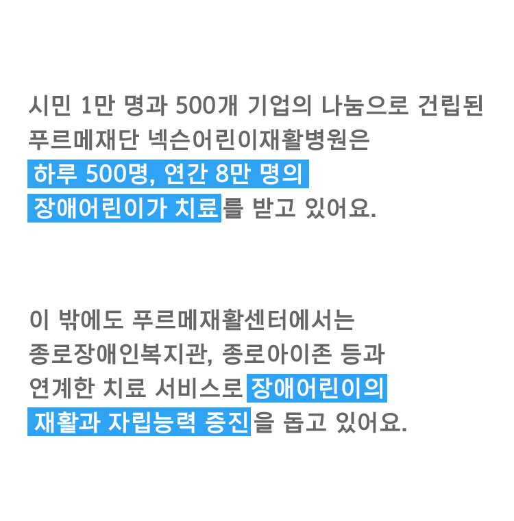 시민 1만 명과 500개 기업의 나눔으로 건립된 푸르메재단 넥슨어린이재활병원은 하루 500명, 연간 8만 명의 장애어린이가 치료를 받고 있어요. 이 밖에도 푸르메재활센터에서는 종로장애인복지관, 종로아이존 등과 연계한 치료 서비스로 장애어린이의 재활과 자립능력 증진을 돕고 있어요