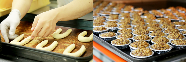 천연발효 반죽으로 성형하는 모습, 오븐에 갓 구워낸 호두파이