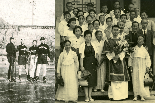 배재학당 아이스하키 선수였던 청년 시절(왼쪽), 성공회 사제 서품을 받는 김성수 명예이사장(오른쪽)