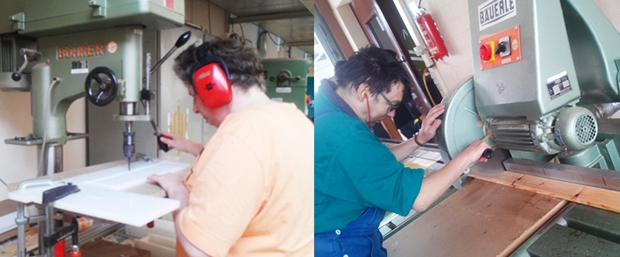 소리에 민감한 장애인 위해 헤드셋 지원 및 기계에 일정 조형틀을 배치하여 커팅 오류 방지(오른쪽), 손이 톱날 근처로 가면 작동을 멈추는 기계로 길이와 치수도 표시되어 있음(왼쪽)