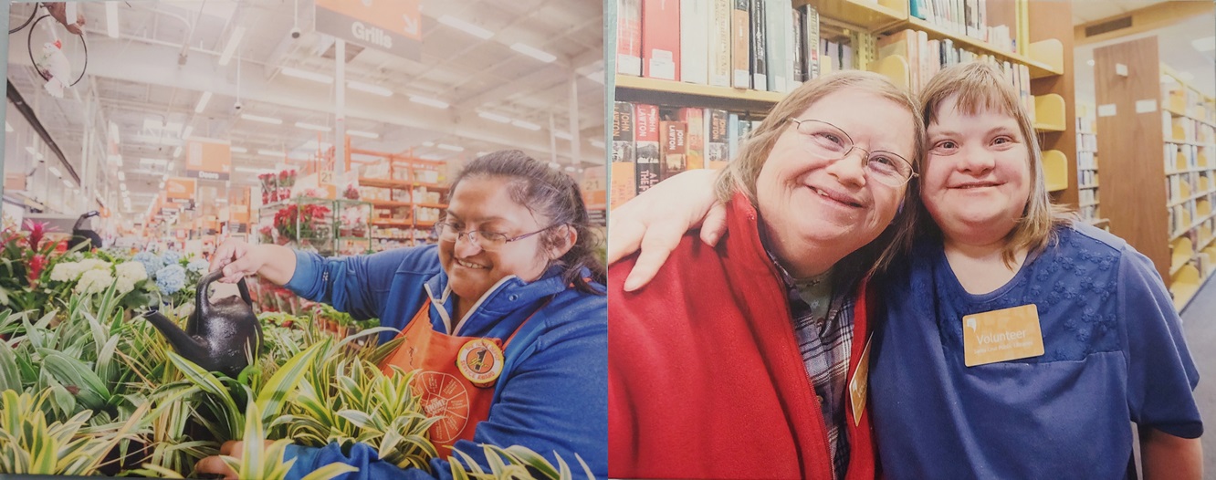 호프 서비스에서 교육을 받은 뒤 동네 슈퍼마켓에서 일하거나 도서관에서 자원봉사를 하고 있는 장애인 모습