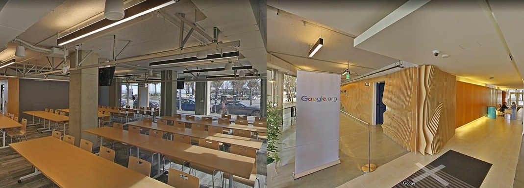 건물 내부 모습. 회의실(왼쪽)과 복도