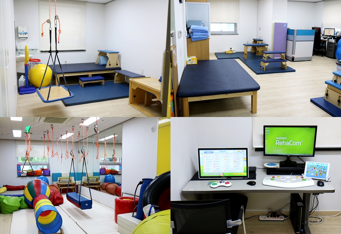 왼쪽 위부터 시계방향으로 작업치료실(단독), 작업치료실, 감통치료실, 인지치료실