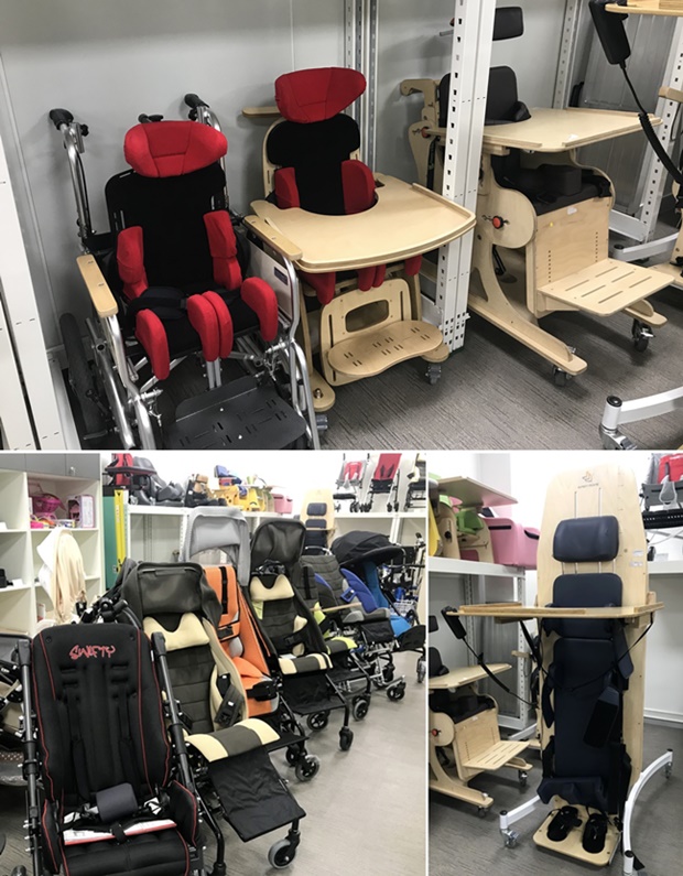 서울시서북보조기기센터에 전시된 규모가 큰 이동/자세교정 보조기기들. 기본 대여 기간은 1년~1년 6개월이지만 제도권 내의 기기에 한해 의사의 처방을 받거나 기준에 따른 구비서류를 제출하면 개인이 기기를 소유할 수 있도록 센터에서 안내받을 수 있다.