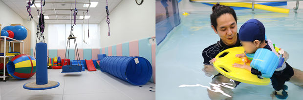 (좌)재활진료센터와 (우)수치료실 모습. 푸르메어린이재활병원은 환아들의 발달 촉진을 위해 다양한 방법의 새로운 치료를 연구, 시행하고 있다.