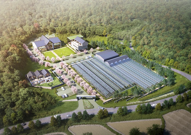 2021년 완공을 목표로 하는 푸르메소셜팜 조감도. 첨단기술을 도입한 유리온실 스마트팜에서는 토마토와 표고버섯 등을 재배하고, 위쪽에 보이는 건물에서는 베이커리카페와 장애청년 농부들의 교육문화시설을 운영할 예정이다.