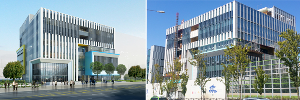 ▲ 어린이재활병원 조감도. 장애어린이의 눈높이에 맞춰 내 집같이 편안하고 따뜻한 분위기를 강조했다. (왼쪽), 마포구 상암동에 지어지고 있는 어린이재활병원의 모습. 현재 공정률 86.14% (오른쪽)