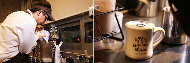 창의적인 아이디어로 새로운 음료를 만들고 있는 모습, 잔 위에 초코소스로 다양한 모양을 표현하는 모습