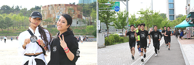 기부마라톤 참가자로 나선 모델 문가비와 밝게 웃으며 달리고 있는 시민들