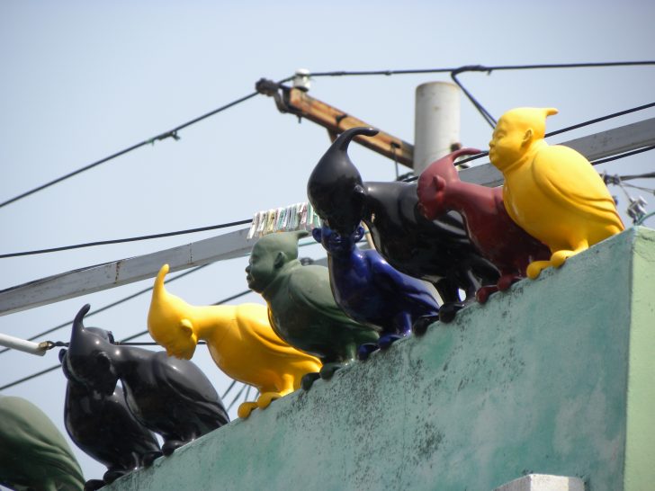 ▲ 옥상정원에 앉아있는 노랑, 초록, 검정 색깔 등 여러 색깔의 새 조각