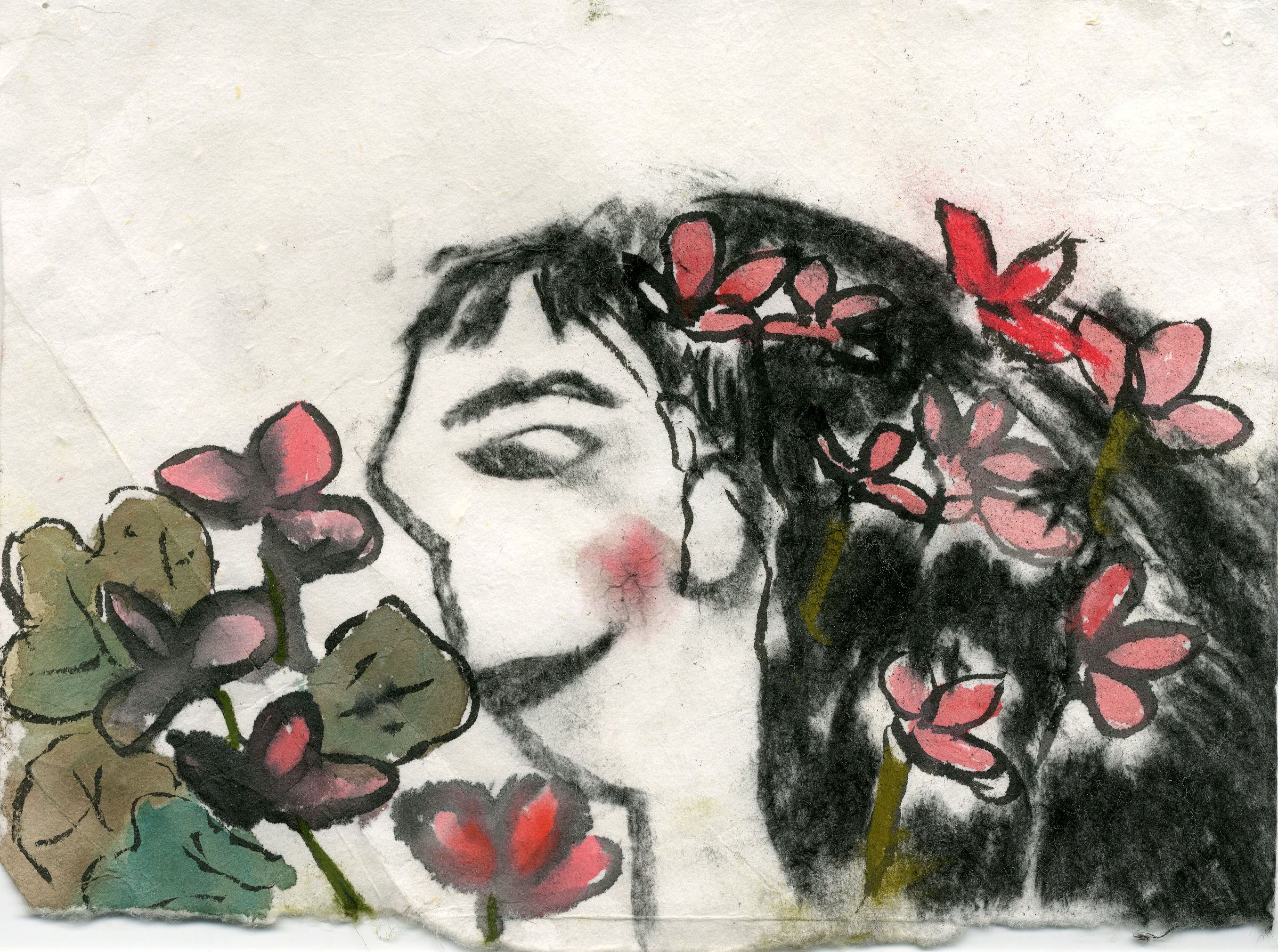 ▲ <연꽃>. 한국화 물감과 파스텔로 채색하고 목탄으로 머리카락의 느낌을 살린 작품. 그림 속의 인물과 작가가 빼닮았다는 얘기를 많이 듣는다.