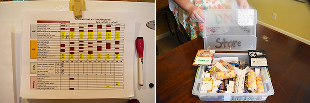 거주인 스스로 계획한 집안일 분담표(왼쪽), 긍정적 행동 강화를 위한 쿠폰함(오른쪽)