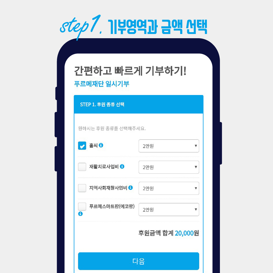 STEP 1. 기부영역과 금액을 선택합니다. 