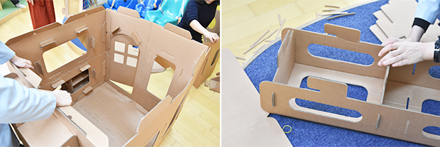 골판지판을 촘촘히 엮어 종이집을 만드는 모습