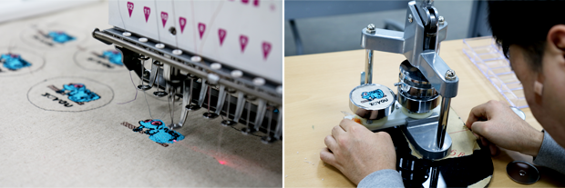 장애인의 그림을 자수로 표현하는 컴퓨터 자수기계, 자석버튼을 만드는 모습