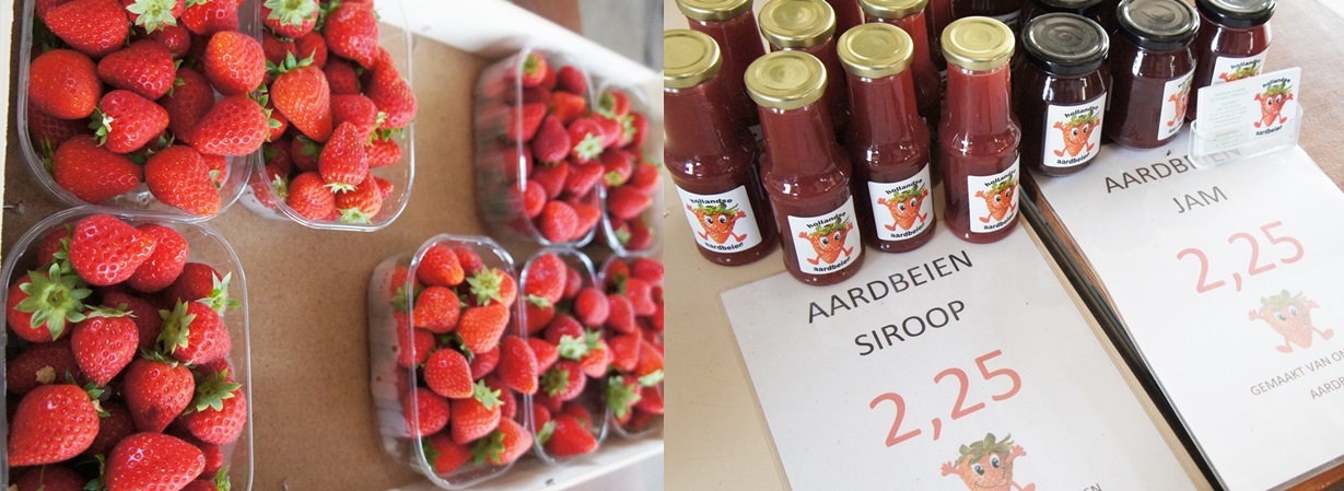 수확한 딸기(왼쪽)와 수확물로 가공한 잼을 판매하는 모습.