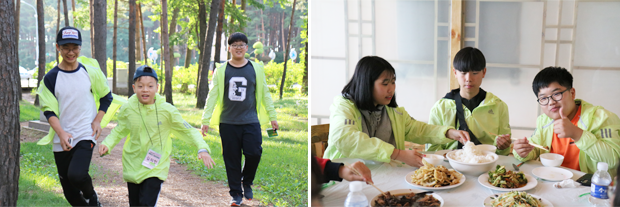 사진6> 어색함도 잠시 절친한 사이가 된 참가자들(왼쪽), 힘겨운 등정을 마친 뒤 점심식사를 하는 참가자들(오른쪽)