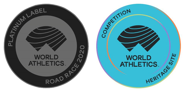 세계육상연맹(World Athletics)이 선정하는 ‘플래티넘 라벨’ 대회 로고(왼쪽 사진)와 세계육상 문화유산 로고. 서울국제마라톤은 두 부문 모두에 이름을 올렸다.
