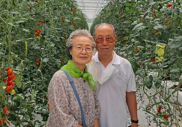 부인 김봉숙 여사와 함께 경기도 여주시 푸르메소셜팜의 유리온실을 찾은 권오록 기부자. 자신의 기부금이 쓰인 푸르메소셜팜을 둘러보며 “사시사철 이렇게 많은 토마토가 열린다니 기적이 따로 없다”고 감격했다.