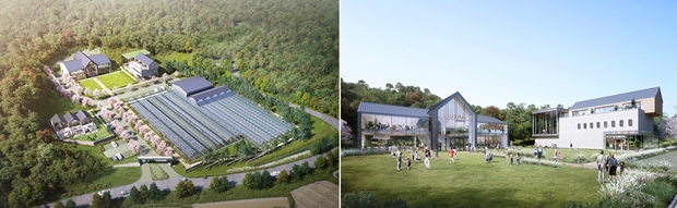 푸르메소셜팜 조감도(왼쪽)와 베이커리카페, 교육문화동 조감도.