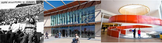 장애인 집회에 참가한 에드워드 로버츠와 그를 기념해 버클리대 근처에 세워진 에드워드 센터