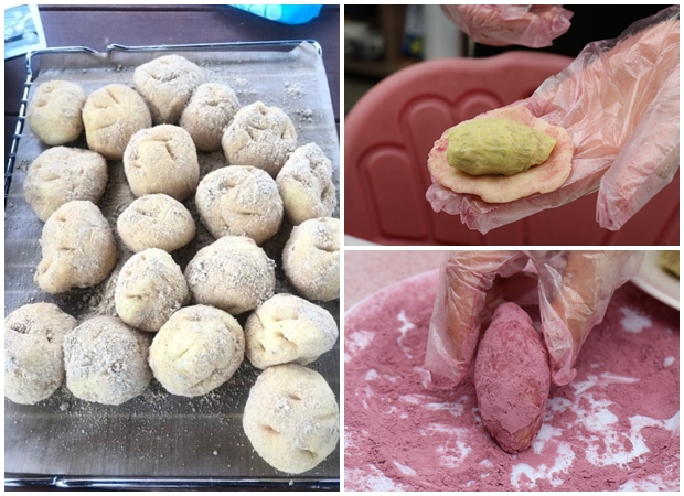 (좌) 오븐에 들어가기 직전의 감자빵. 방금 흙에서 파낸 생감자와 똑같은 모양이지만 맛은 부드럽고 달콤한 빵과 똑같다. (우) 인기 상품인 고구마빵을 만드는 모습.